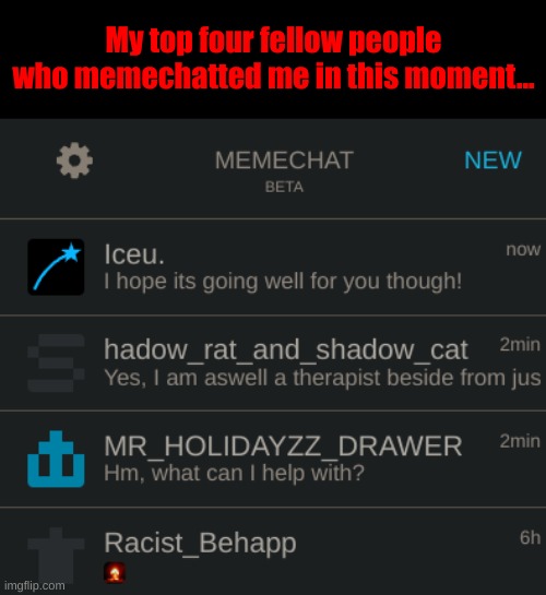 My top four fellow people who memechatted me in this moment... | made w/ Imgflip meme maker