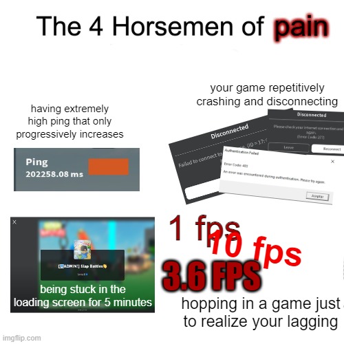 not just roblox, but also any other game you enjoy | pain; your game repetitively crashing and disconnecting; having extremely high ping that only progressively increases; 10 fps; 1 fps; 3.6 FPS; being stuck in the loading screen for 5 minutes; hopping in a game just to realize your lagging | image tagged in four horsemen,roblox meme | made w/ Imgflip meme maker
