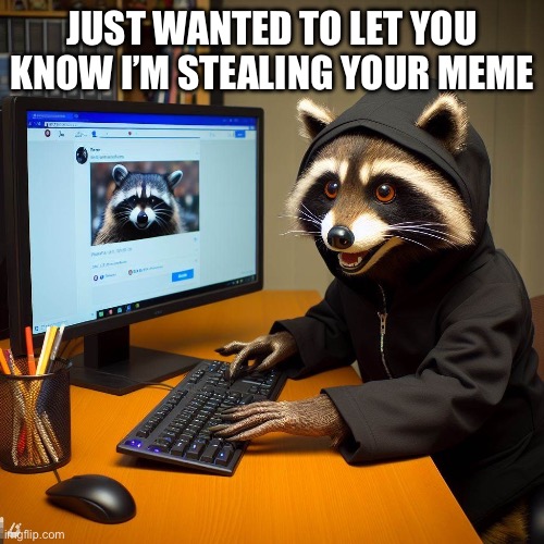 Meme Ninja | JUST WANTED TO LET YOU KNOW I’M STEALING YOUR MEME | image tagged in raccoon,memes,meme,steal,ninja | made w/ Imgflip meme maker