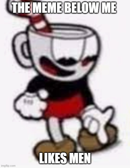 Cool | THE MEME BELOW ME; LIKES MEN | image tagged in cuphead pointing down | made w/ Imgflip meme maker