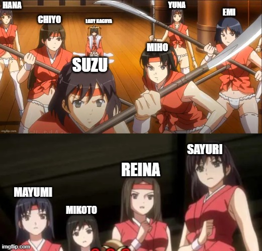 Kaguya and her Shrine Maidens | YUNA; HANA; EMI; CHIYO; LADY KAGUYA; MIHO; SUZU; SAYURI; REINA; MAYUMI; MIKOTO | made w/ Imgflip meme maker