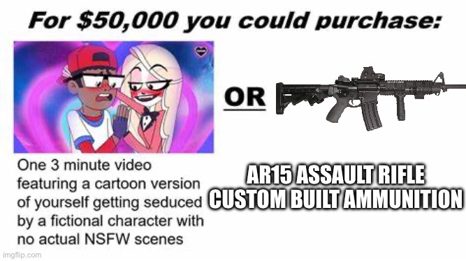 The second amendment | AR15 ASSAULT RIFLE CUSTOM BUILT AMMUNITION | image tagged in for 50 000 you could purchase | made w/ Imgflip meme maker