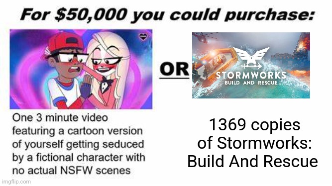 "For $50,000 you could purchase:" | 1369 copies of Stormworks: Build And Rescue | image tagged in for 50 000 you could purchase | made w/ Imgflip meme maker