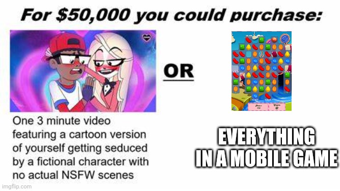 "For $50,000 you could purchase:" | EVERYTHING IN A MOBILE GAME | image tagged in for 50 000 you could purchase,mobile games | made w/ Imgflip meme maker