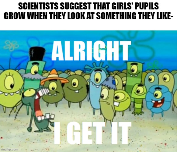Can we PLEASE stop with those memes arleady? | SCIENTISTS SUGGEST THAT GIRLS' PUPILS GROW WHEN THEY LOOK AT SOMETHING THEY LIKE- | image tagged in alright i get it,so true memes | made w/ Imgflip meme maker