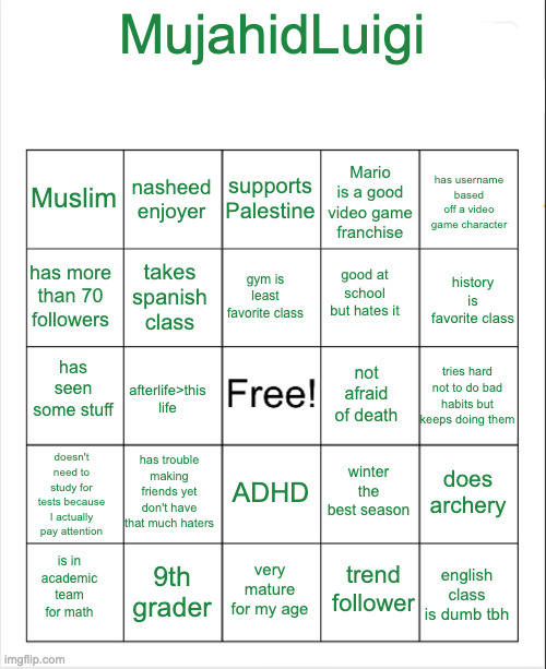 Blank Bingo | MujahidLuigi; supports Palestine; nasheed enjoyer; has username based off a video game character; Muslim; Mario is a good video game franchise; gym is least favorite class; has more than 70 followers; history is favorite class; good at school but hates it; takes spanish class; has seen some stuff; not afraid of death; tries hard not to do bad habits but keeps doing them; afterlife>this life; doesn't need to study for tests because I actually pay attention; has trouble making friends yet don't have that much haters; does archery; winter the best season; ADHD; 9th grader; is in academic team for math; very mature for my age; trend follower; english class is dumb tbh | image tagged in blank bingo | made w/ Imgflip meme maker