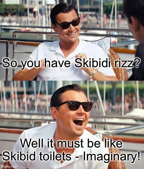 You are not cool. Just a dumbass nine year old. | So you have Skibidi rizz? Well it must be like Skibid toilets - Imaginary! | image tagged in memes,leonardo dicaprio wolf of wall street | made w/ Imgflip meme maker