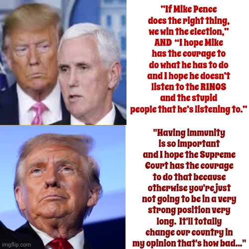 All We Can Do Is Hope Our Supreme Court Follows Established Laws Of The Land And Hope They Uphold And Defend Our Constitution | ”If Mike Pence does the right thing, we win the election,” AND  “I hope Mike has the courage to do what he has to do and I hope he doesn’t listen to the RINOS and the stupid people that he’s listening to.”; "Having immunity is so important and I hope the Supreme Court has the courage to do that because otherwise you're just not going to be in a very strong position very long.  It'll totally change our country in my opinion that's how bad..." | image tagged in memes,drake hotline bling,supreme court,law,scumbag trump,lock him up | made w/ Imgflip meme maker