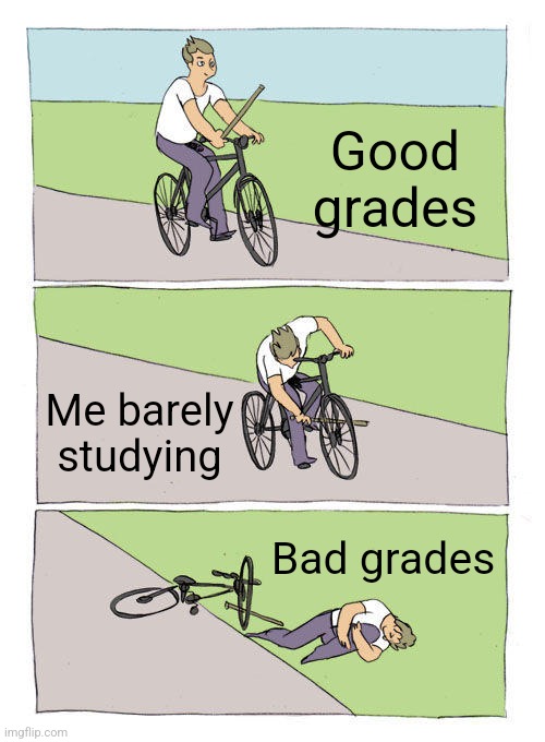 What did I think would happen | Good grades; Me barely studying; Bad grades | image tagged in memes,bike fall | made w/ Imgflip meme maker
