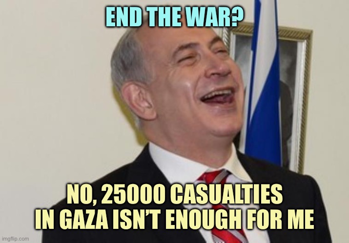 fr | END THE WAR? NO, 25000 CASUALTIES IN GAZA ISN’T ENOUGH FOR ME | image tagged in netanyahu | made w/ Imgflip meme maker