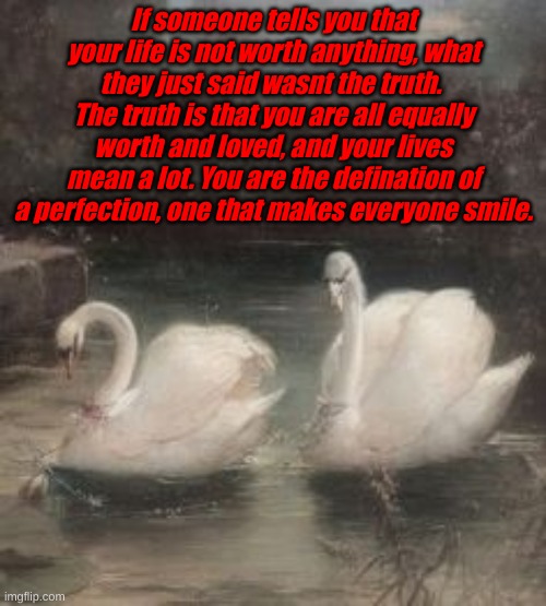 If someone tells you that your life is not worth anything, what they just said wasnt the truth.  The truth is that you are all equally worth and loved, and your lives mean a lot. You are the defination of a perfection, one that makes everyone smile. | made w/ Imgflip meme maker