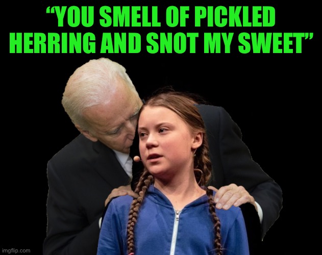 Yep | “YOU SMELL OF PICKLED HERRING AND SNOT MY SWEET” | image tagged in greta thunberg creepy joe biden sniffing hair | made w/ Imgflip meme maker