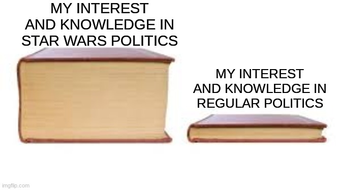 The force is with me. | MY INTEREST AND KNOWLEDGE IN STAR WARS POLITICS; MY INTEREST AND KNOWLEDGE IN REGULAR POLITICS | image tagged in big book small book,star wars,politics,sci-fi | made w/ Imgflip meme maker