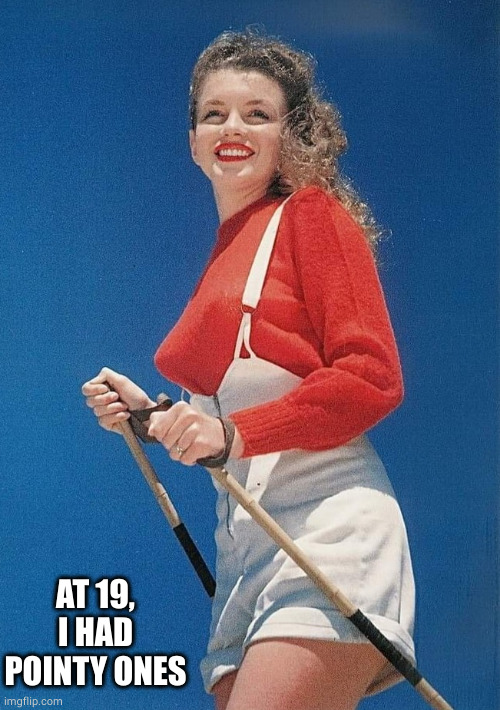 Nineteen year old Norma Jeane photographed by David Conover | AT 19, I HAD POINTY ONES | image tagged in nineteen year old norma jeane photographed by david conover | made w/ Imgflip meme maker