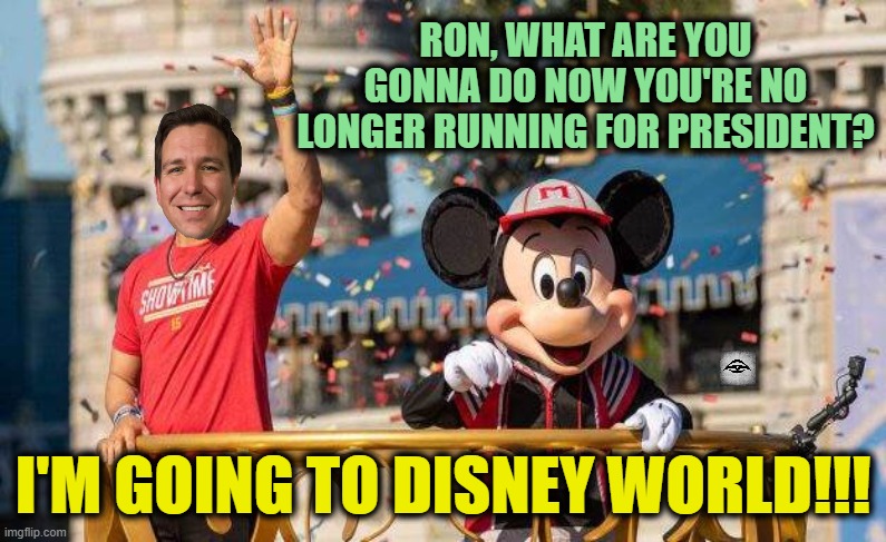 RON, WHAT ARE YOU GONNA DO NOW YOU'RE NO LONGER RUNNING FOR PRESIDENT? I'M GOING TO DISNEY WORLD!!! | image tagged in ron desantis,disney,2024,election | made w/ Imgflip meme maker