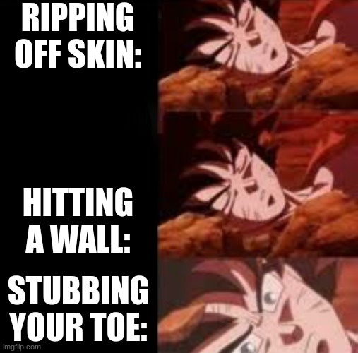 pain | RIPPING OFF SKIN:; HITTING A WALL:; STUBBING YOUR TOE: | image tagged in dragon ball sleeping ultra instinct goku,true | made w/ Imgflip meme maker