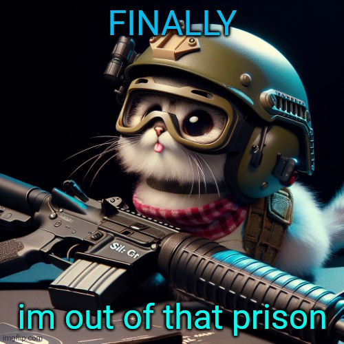 FINALLY; im out of that prison | image tagged in silly critter but ai generated | made w/ Imgflip meme maker