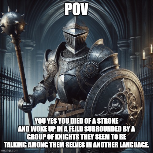 you're still in modern clothes btw not that, that matters | POV; YOU YES YOU DIED OF A STROKE AND WOKE UP IN A FEILD SURROUNDED BY A GROUP OF KNIGHTS THEY SEEM TO BE TALKING AMONG THEM SELVES IN ANOTHER LANGUAGE. | image tagged in super baddass knight with a flail and sheild | made w/ Imgflip meme maker