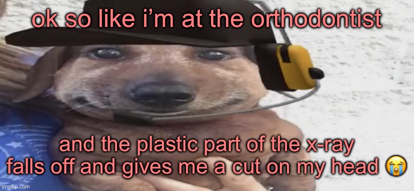 chucklenuts | ok so like i’m at the orthodontist; and the plastic part of the x-ray falls off and gives me a cut on my head 😭 | image tagged in chucklenuts | made w/ Imgflip meme maker