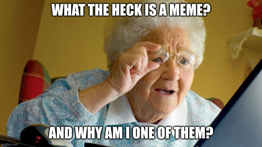 grandma computer | WHAT THE HECK IS A MEME? AND WHY AM I ONE OF THEM? | image tagged in grandma computer | made w/ Imgflip meme maker