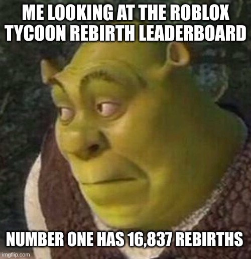 Shrek | ME LOOKING AT THE ROBLOX TYCOON REBIRTH LEADERBOARD; NUMBER ONE HAS 16,837 REBIRTHS | image tagged in shrek | made w/ Imgflip meme maker