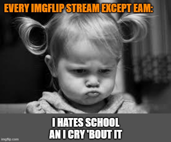 Pouting Toddler | EVERY IMGFLIP STREAM EXCEPT EAM: I HATES SCHOOL
AN I CRY 'BOUT IT | image tagged in pouting toddler | made w/ Imgflip meme maker