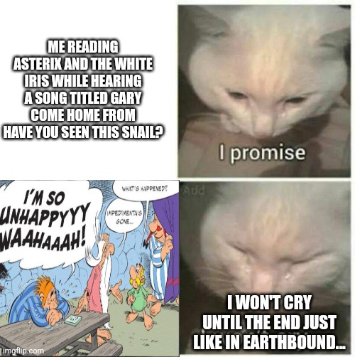I promise I won't cry | ME READING ASTERIX AND THE WHITE IRIS WHILE HEARING A SONG TITLED GARY COME HOME FROM HAVE YOU SEEN THIS SNAIL? I WON'T CRY UNTIL THE END JUST LIKE IN EARTHBOUND... | image tagged in i promise i won't cry,earthbound,asterix | made w/ Imgflip meme maker