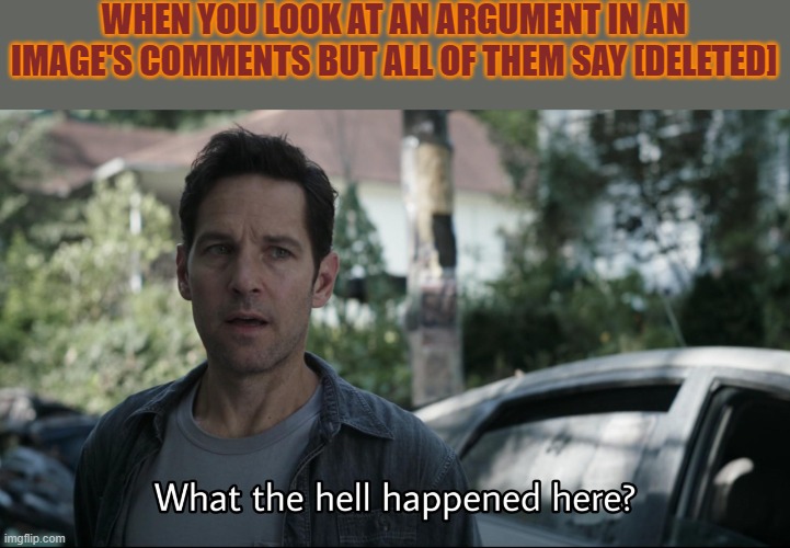 What the hell happened here | WHEN YOU LOOK AT AN ARGUMENT IN AN IMAGE'S COMMENTS BUT ALL OF THEM SAY [DELETED] | image tagged in what the hell happened here | made w/ Imgflip meme maker