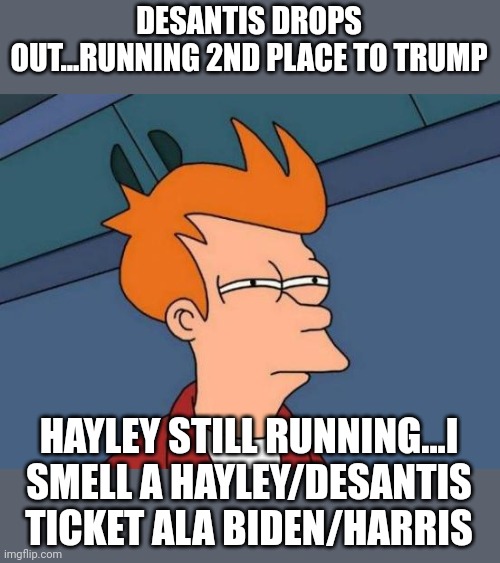 Lets see how deep the deep state runs | DESANTIS DROPS OUT...RUNNING 2ND PLACE TO TRUMP; HAYLEY STILL RUNNING...I SMELL A HAYLEY/DESANTIS TICKET ALA BIDEN/HARRIS | image tagged in memes,futurama fry | made w/ Imgflip meme maker