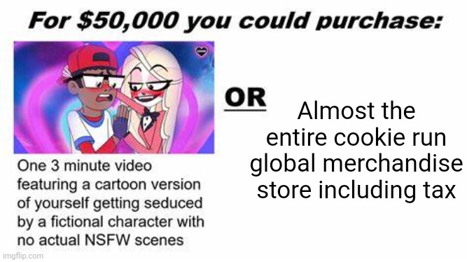 "For $50,000 you could purchase:" | Almost the entire cookie run global merchandise store including tax | image tagged in for 50 000 you could purchase | made w/ Imgflip meme maker