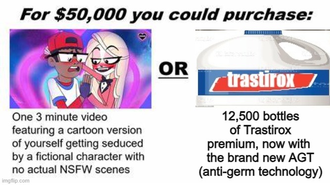"For $50,000 you could purchase:" | 12,500 bottles of Trastirox premium, now with  the brand new AGT (anti-germ technology) | image tagged in for 50 000 you could purchase | made w/ Imgflip meme maker