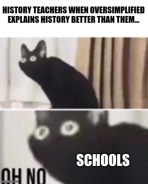 Oversimplified is a better teacher | HISTORY TEACHERS WHEN OVERSIMPLIFIED EXPLAINS HISTORY BETTER THAN THEM... SCHOOLS | image tagged in oh no cat,school | made w/ Imgflip meme maker