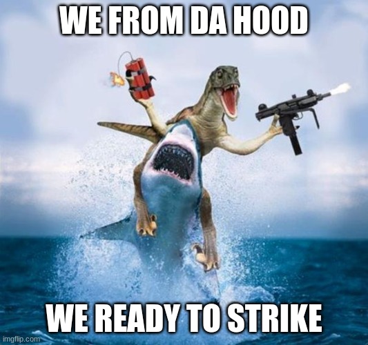 Dinosaur Riding Shark | WE FROM DA HOOD; WE READY TO STRIKE | image tagged in dinosaur riding shark | made w/ Imgflip meme maker