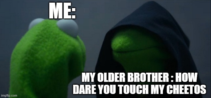 Evil Kermit | ME:; MY OLDER BROTHER : HOW DARE YOU TOUCH MY CHEETOS | image tagged in memes,evil kermit | made w/ Imgflip meme maker