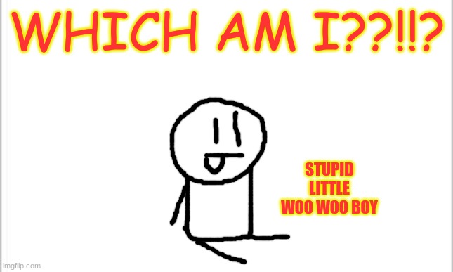 white background | WHICH AM I??!!? STUPID LITTLE WOO WOO BOY | image tagged in white background | made w/ Imgflip meme maker