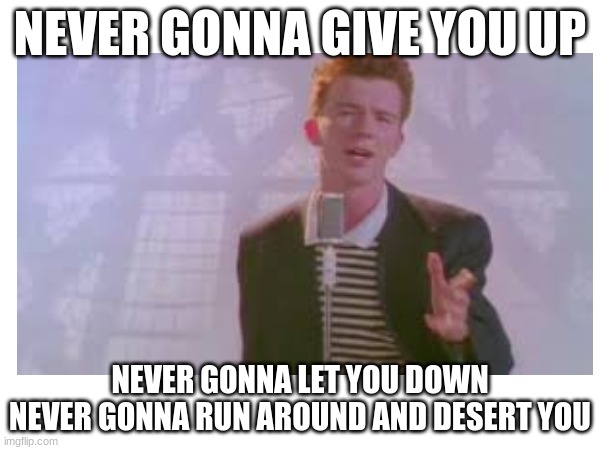 NEVER GONNA GIVE YOU UP; NEVER GONNA LET YOU DOWN
NEVER GONNA RUN AROUND AND DESERT YOU | made w/ Imgflip meme maker