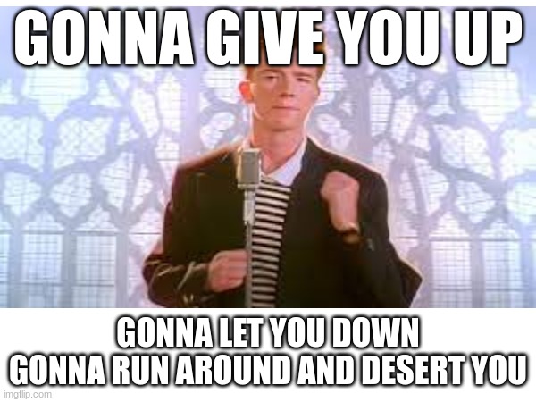 GONNA GIVE YOU UP; GONNA LET YOU DOWN
GONNA RUN AROUND AND DESERT YOU | made w/ Imgflip meme maker