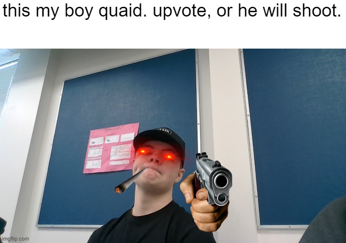 your life is in danger | this my boy quaid. upvote, or he will shoot. | image tagged in loads shotgun with malicious intent | made w/ Imgflip meme maker