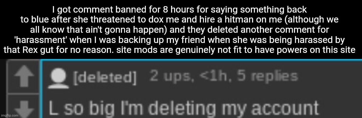 L so big I'm deleting my account | I got comment banned for 8 hours for saying something back to blue after she threatened to dox me and hire a hitman on me (although we all know that ain't gonna happen) and they deleted another comment for 'harassment' when I was backing up my friend when she was being harassed by that Rex gut for no reason. site mods are genuinely not fit to have powers on this site | image tagged in l so big i'm deleting my account | made w/ Imgflip meme maker