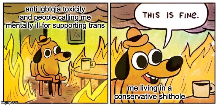 This Is Fine Meme | anti lgbtqia toxicity and people calling me mentally ill for supporting trans; me living in a conservative shithole | image tagged in memes,this is fine | made w/ Imgflip meme maker