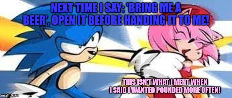 Married life (*meant) | NEXT TIME I SAY: 'BRING ME A BEER', OPEN IT BEFORE HANDING IT TO ME! THIS ISN'T WHAT I MENT WHEN I SAID I WANTED POUNDED MORE OFTEN! | image tagged in sonic the hedgehog,amy rose,domestic abuse,next time,listen | made w/ Imgflip meme maker