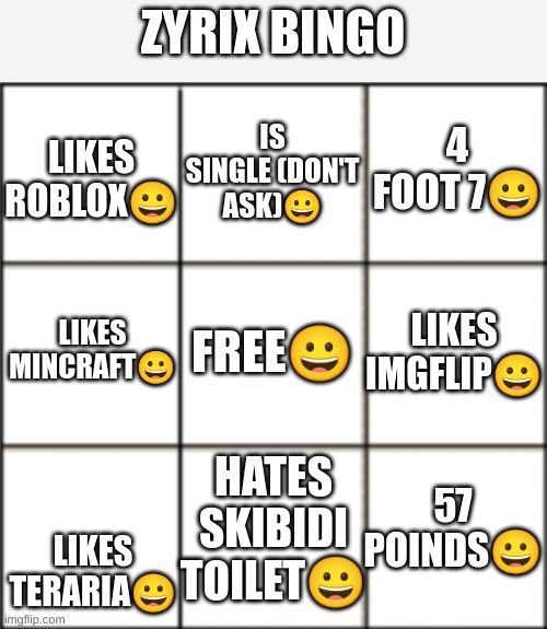 this is what the kids are doing nowadays right (happyface means yes(draw tool dident work so i use ? instead)) | ZYRIX BINGO; 4 FOOT 7😀; IS SINGLE (DON'T ASK)😀; LIKES ROBLOX😀; LIKES MINCRAFT😀; FREE😀; LIKES IMGFLIP😀; HATES SKIBIDI TOILET😀; 57 POINDS😀; LIKES TERARIA😀 | image tagged in blank comic panel 3x3,bingo | made w/ Imgflip meme maker