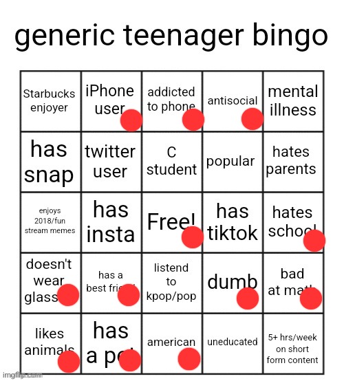 Also add "hates myself"(Mod note: Come on bro dont hate urself, we love yah here) | image tagged in generic teenager bingo | made w/ Imgflip meme maker