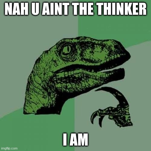 u aint the thinker | NAH U AINT THE THINKER; I AM | image tagged in memes,philosoraptor | made w/ Imgflip meme maker