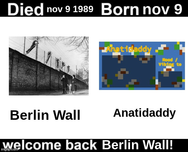 Born Died Welcome Back | nov 9 1989; nov 9; Anatidaddy; Berlin Wall; Berlin Wall! | image tagged in born died welcome back | made w/ Imgflip meme maker