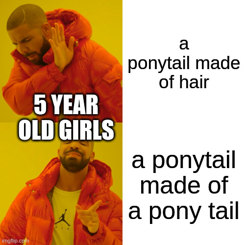 Drake Hotline Bling Meme | a ponytail made of hair; 5 YEAR OLD GIRLS; a ponytail made of a pony tail | image tagged in memes,drake hotline bling | made w/ Imgflip meme maker