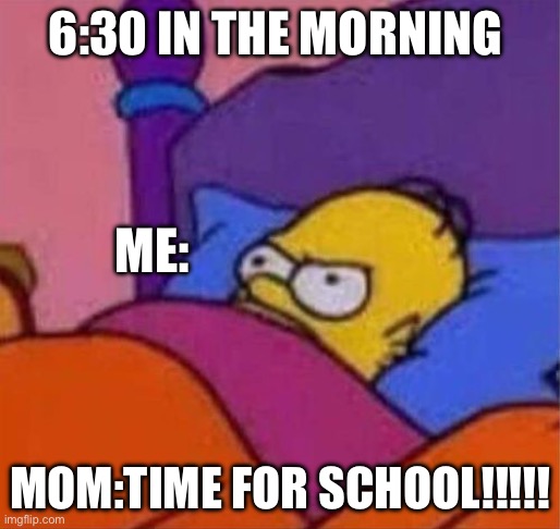 angry homer simpson in bed | 6:30 IN THE MORNING; ME:; MOM:TIME FOR SCHOOL!!!!! | image tagged in angry homer simpson in bed | made w/ Imgflip meme maker