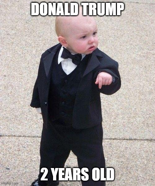 baby tuxedo | DONALD TRUMP; 2 YEARS OLD | image tagged in baby tuxedo | made w/ Imgflip meme maker