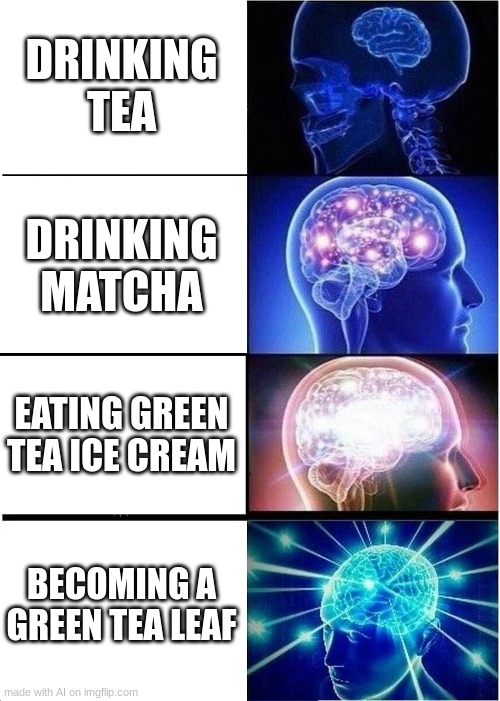 ai memes get me | DRINKING TEA; DRINKING MATCHA; EATING GREEN TEA ICE CREAM; BECOMING A GREEN TEA LEAF | image tagged in memes,expanding brain | made w/ Imgflip meme maker