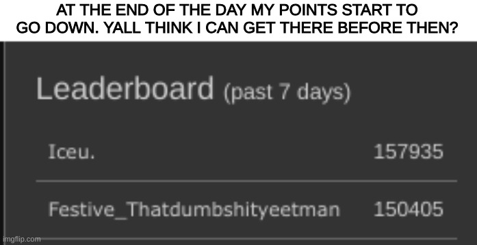 It actually wild that im up there. Like wth??? | AT THE END OF THE DAY MY POINTS START TO GO DOWN. YALL THINK I CAN GET THERE BEFORE THEN? | made w/ Imgflip meme maker